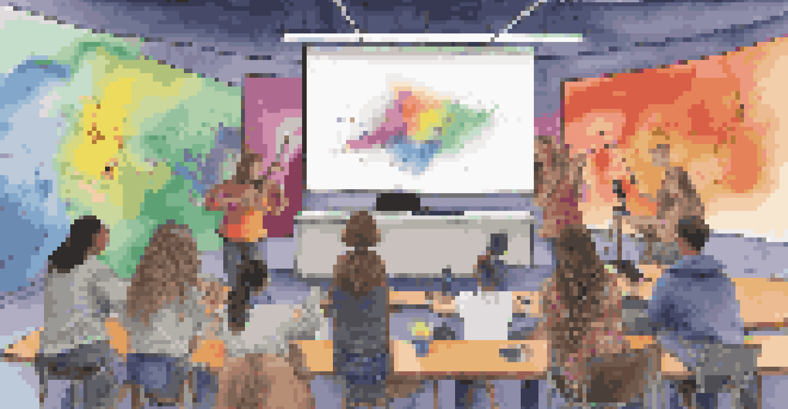 Students collaborating on a multimedia project, painting and composing music, with colorful sound waves in the background.