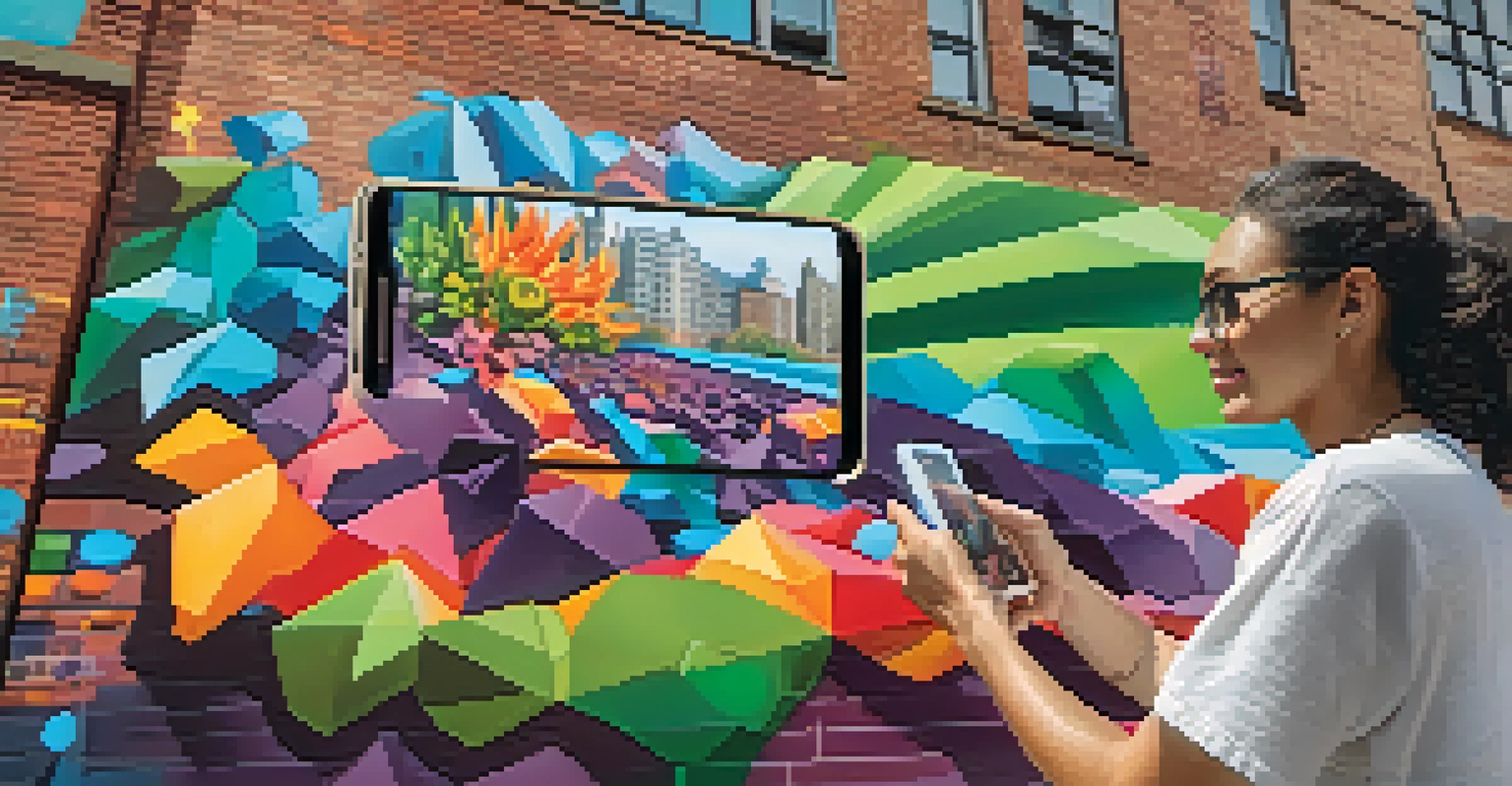 A street artist enhancing a mural with augmented reality, while people interact with their smartphones in an urban setting.