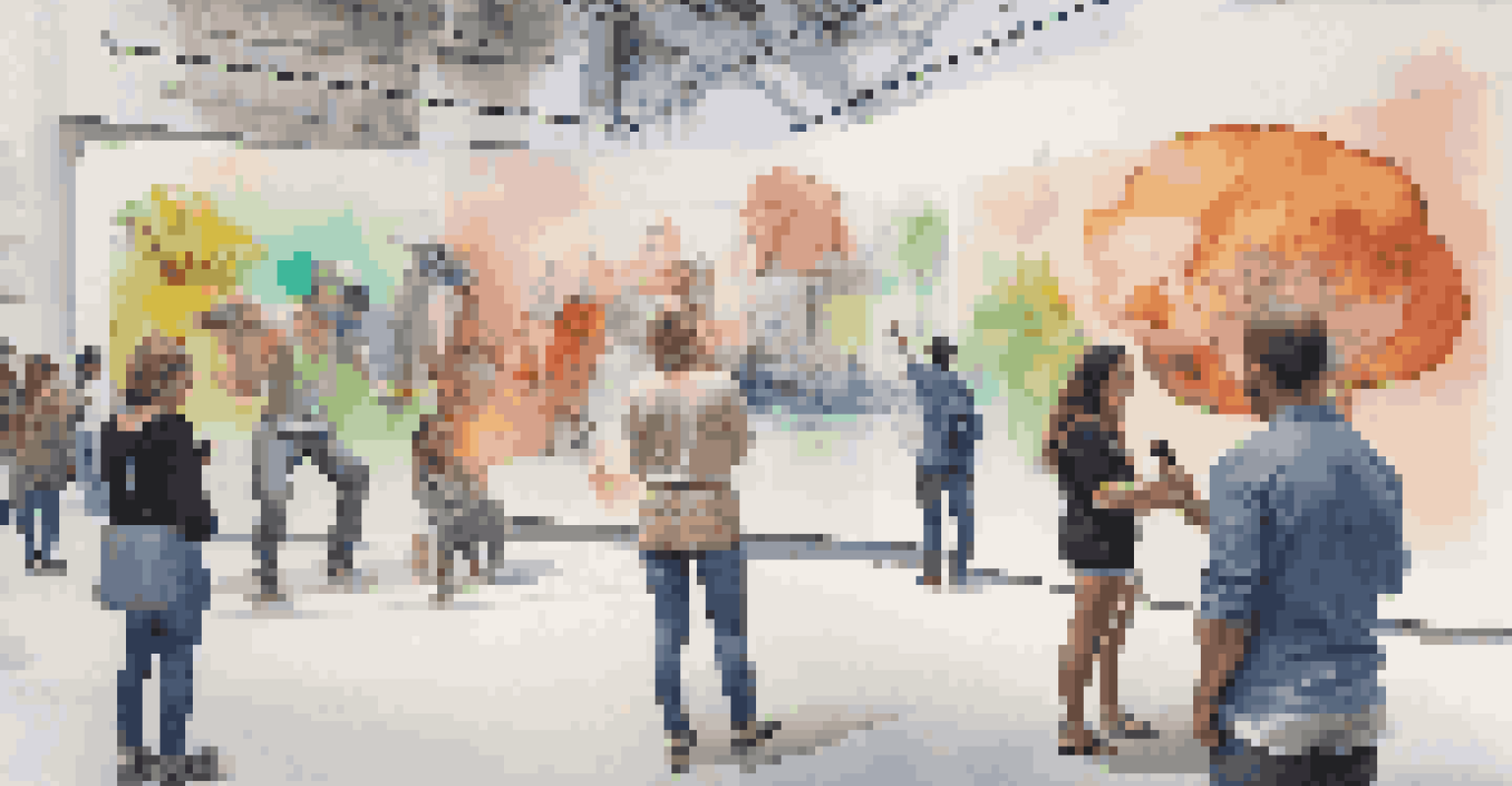 A modern art installation with augmented reality, where people interact with digital art using smartphones in an urban setting.
