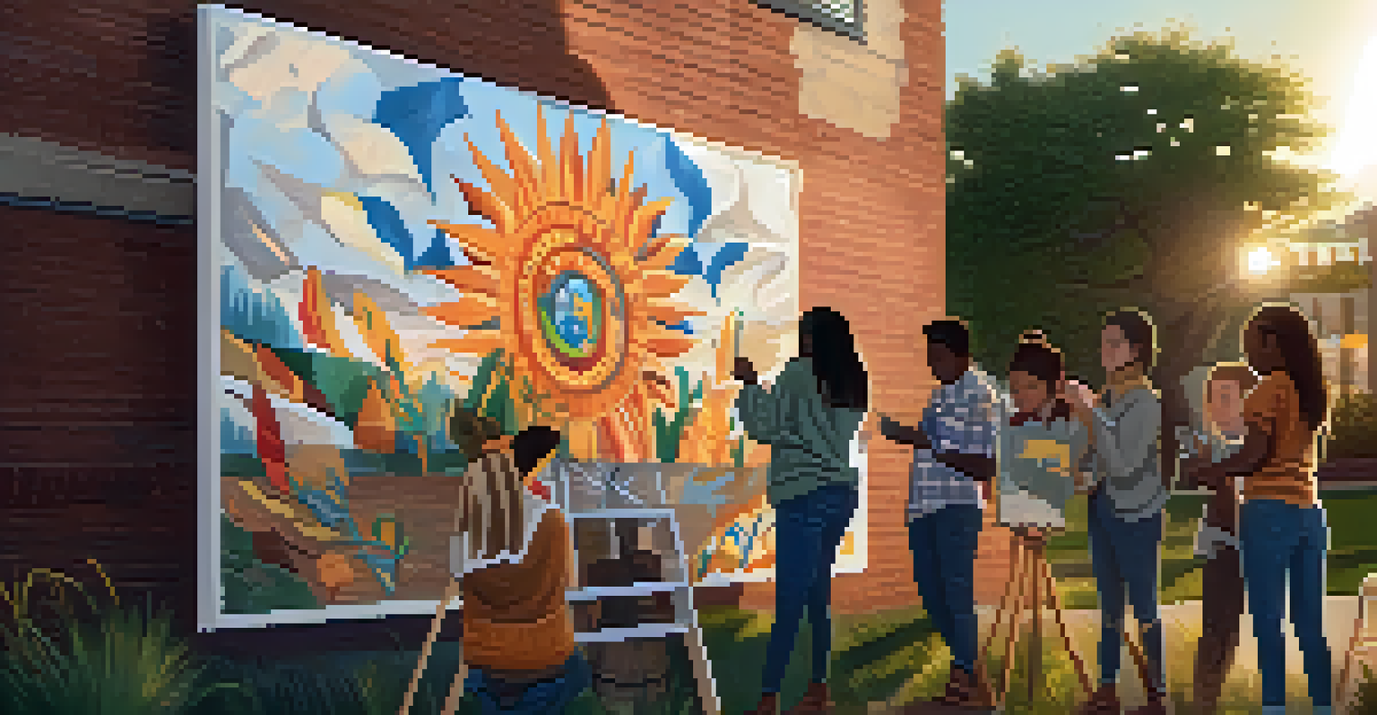 Students collaborating on a large mural outdoors, featuring cultural symbols and nature, with a sunset in the background.