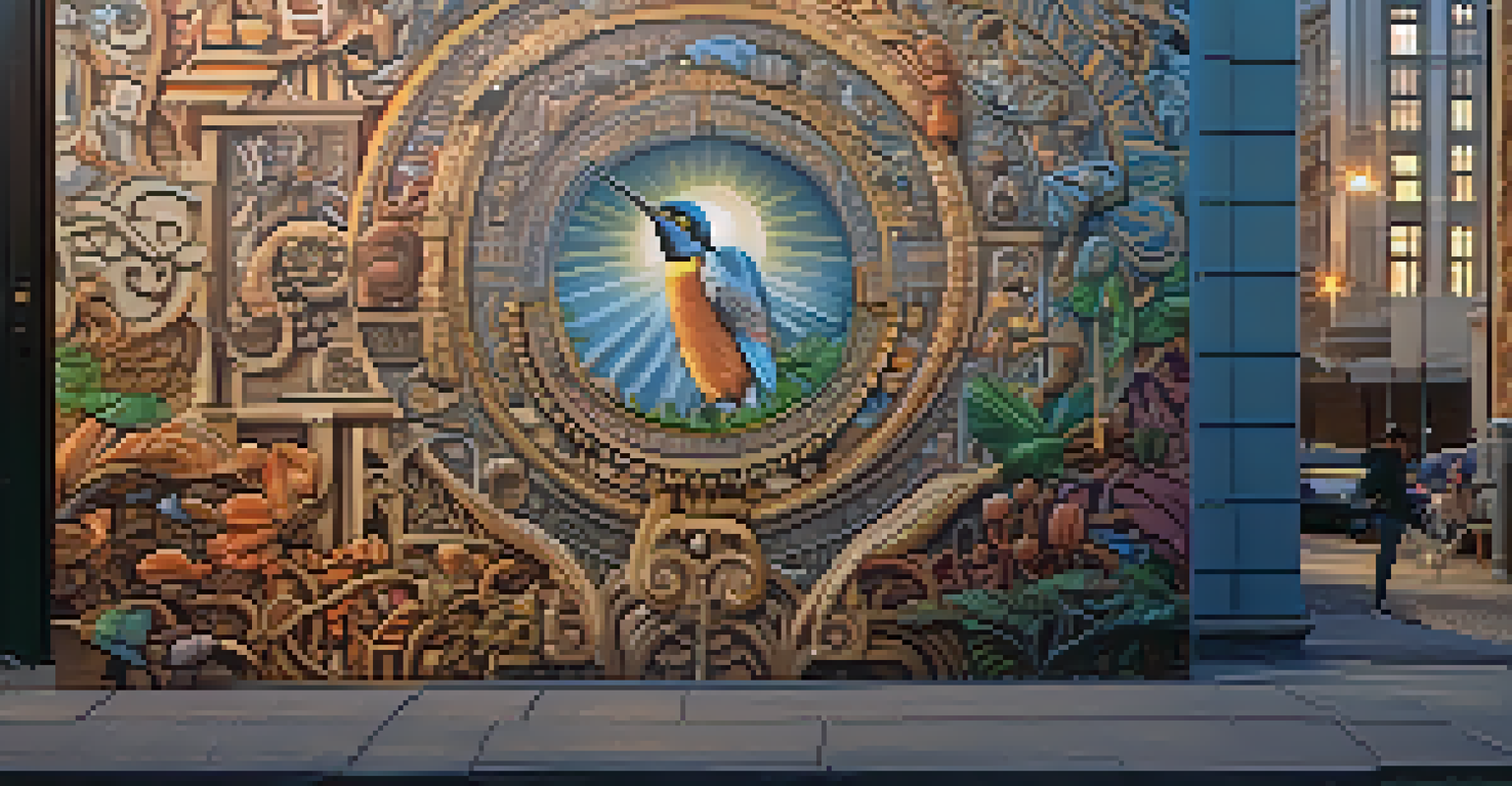 A vibrant mural on a city wall, featuring animated characters that come to life through augmented reality, with soft evening light highlighting the scene.