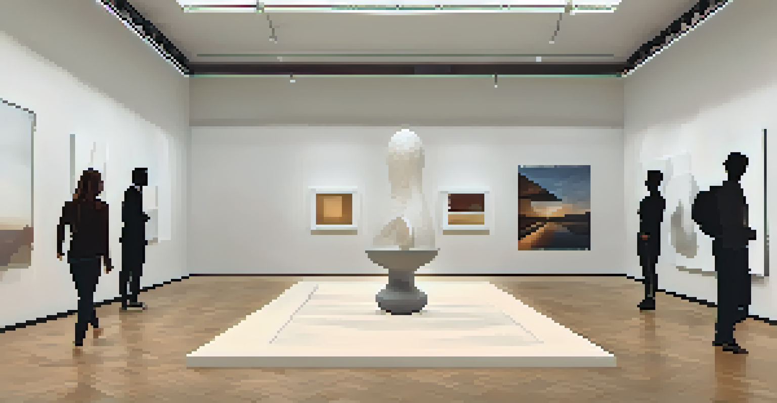 A modern virtual gallery featuring 3D sculptures with soft lighting, inviting viewers to walk around and explore.