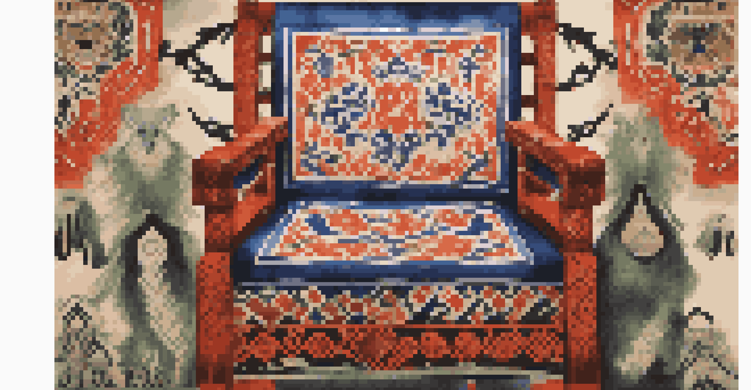 A colorful Ainu textile with traditional animal motifs displayed on a chair, highlighted by soft lighting.
