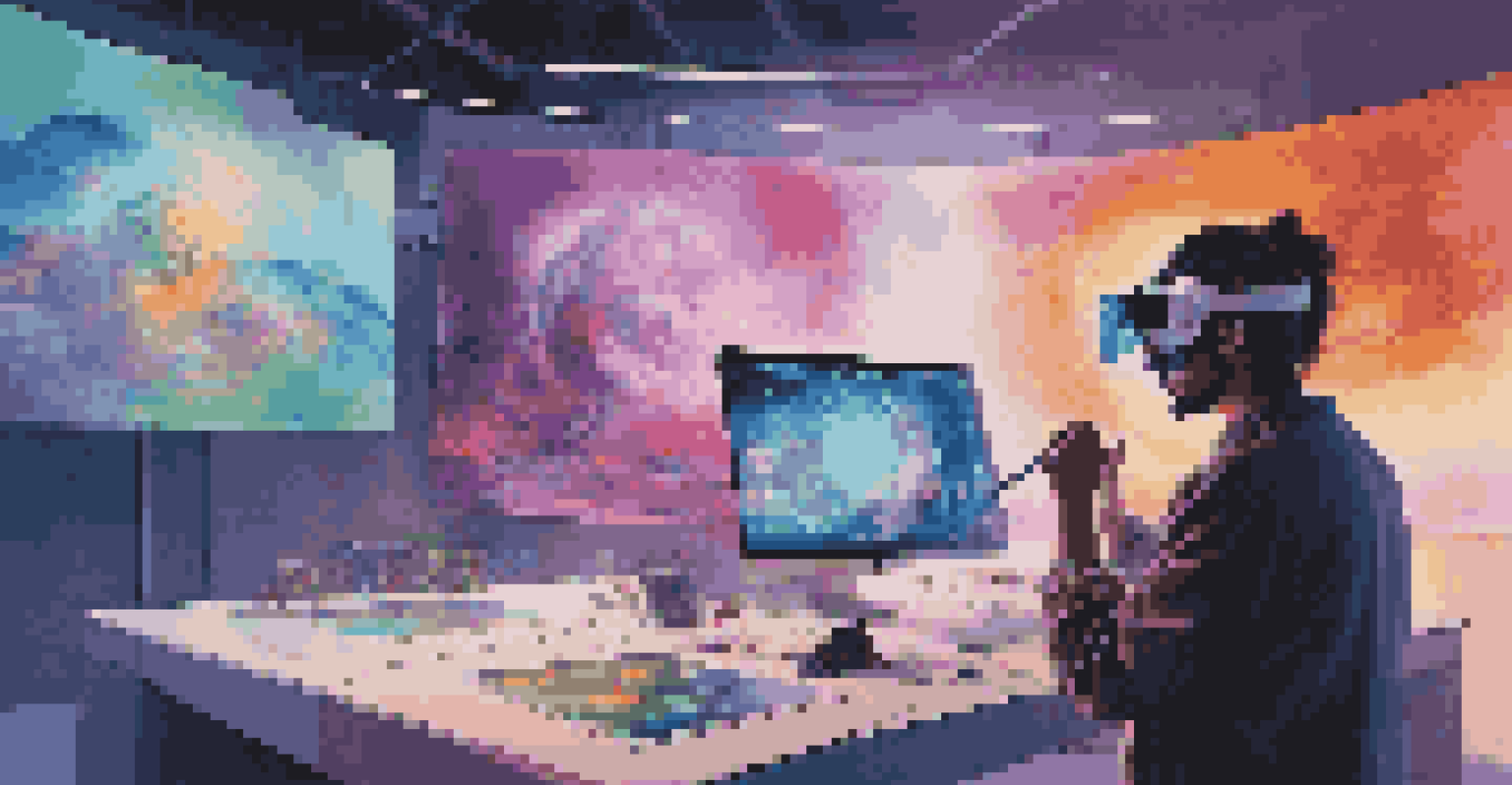 An artist using augmented reality glasses to create digital art in a modern, high-tech studio.