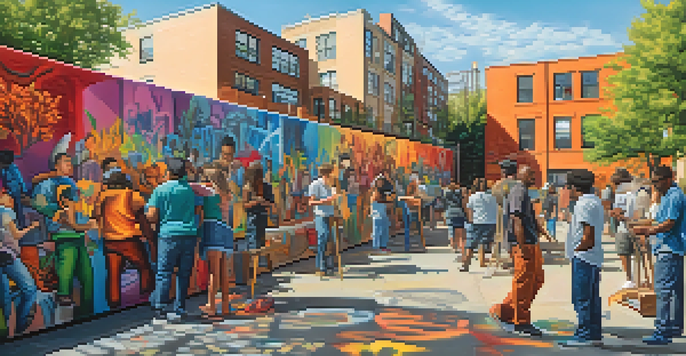 A diverse group of artists working together on a colorful mural in an urban environment, surrounded by art supplies and graffiti.