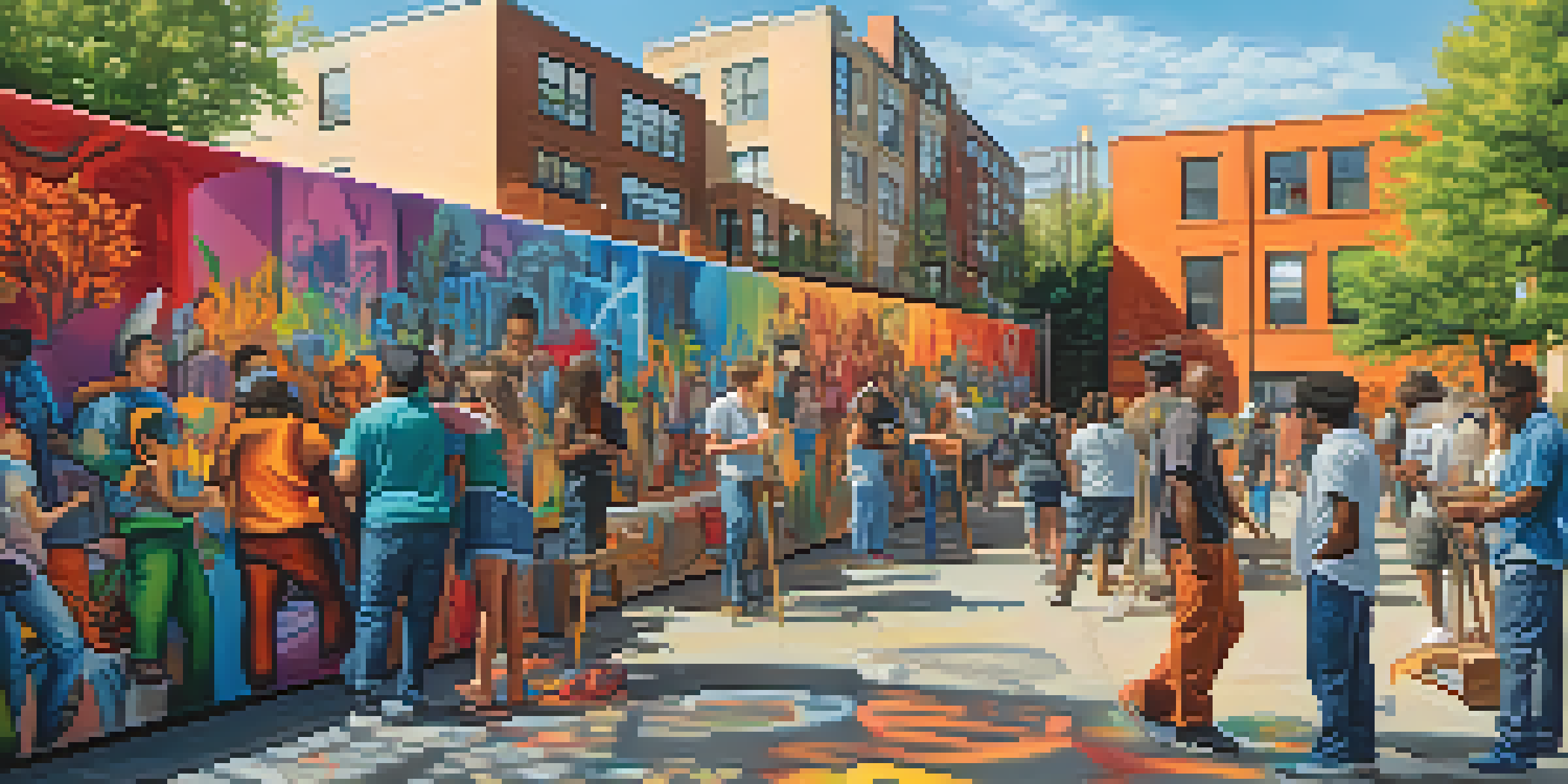 A diverse group of artists working together on a colorful mural in an urban environment, surrounded by art supplies and graffiti.