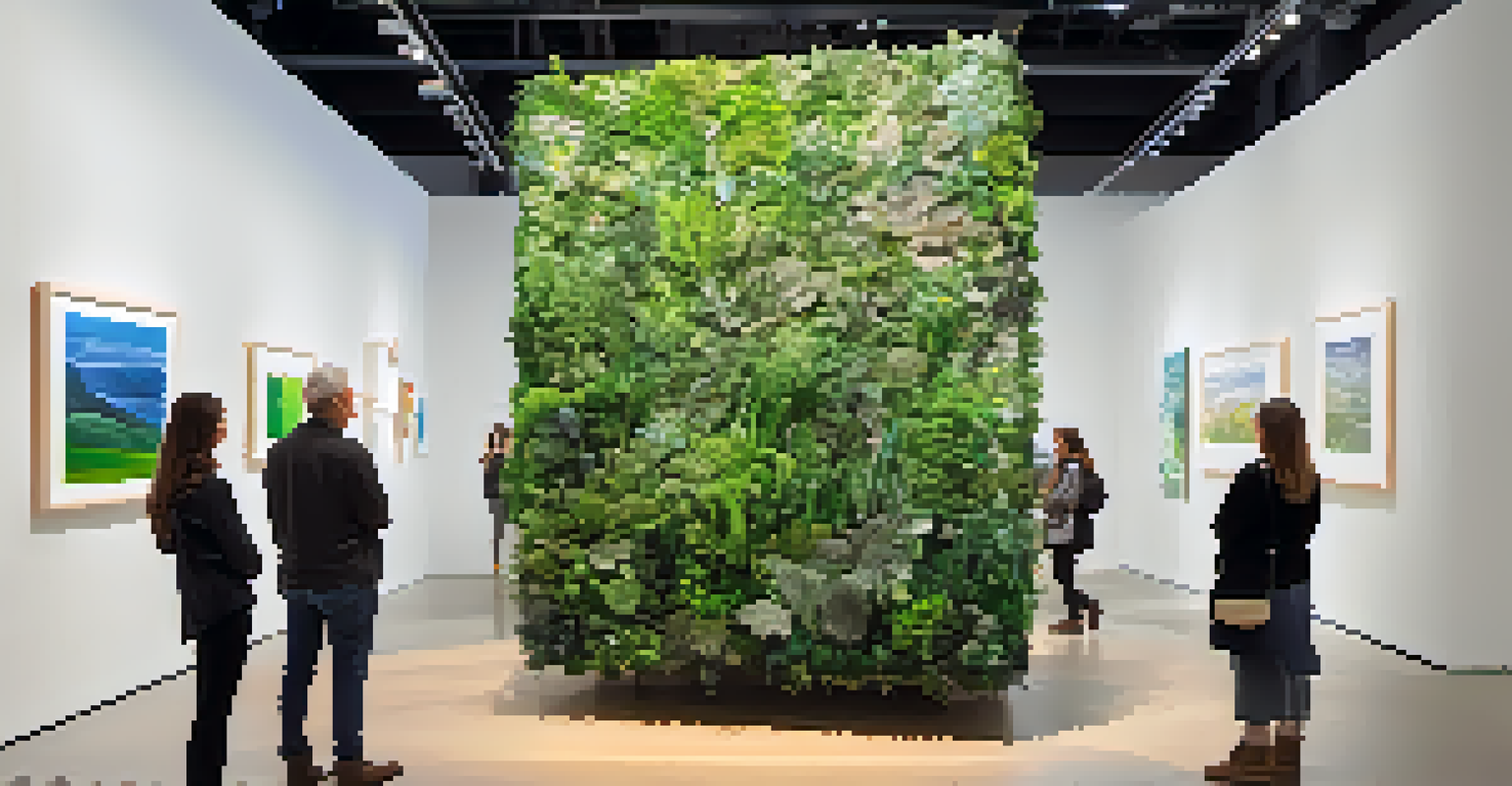 An interactive sculpture made of recycled materials in a bright gallery, with visitors and plants in the background.