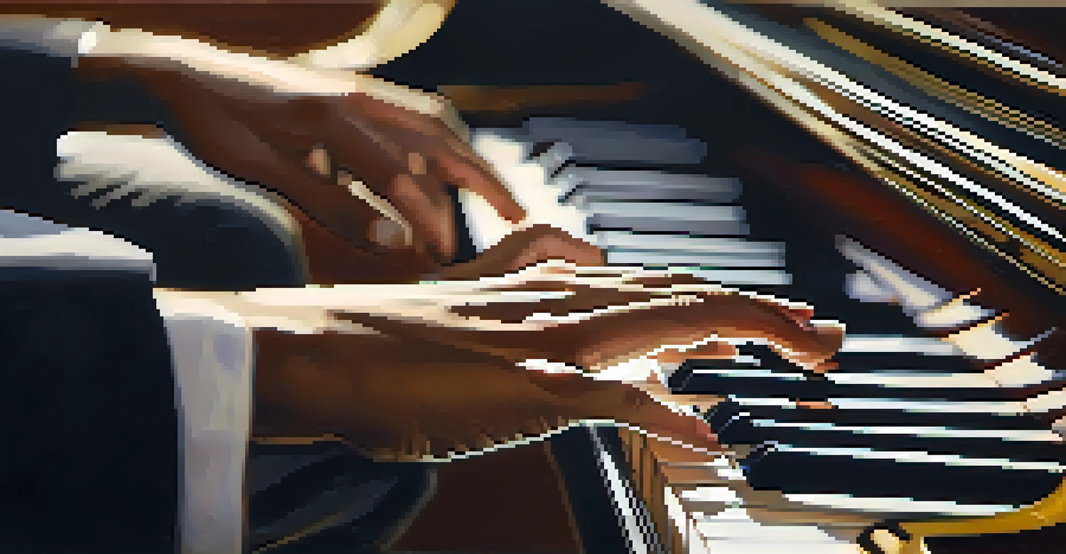 A close-up view of hands playing a grand piano, emphasizing the elegance and emotion of music creation in a softly lit environment.