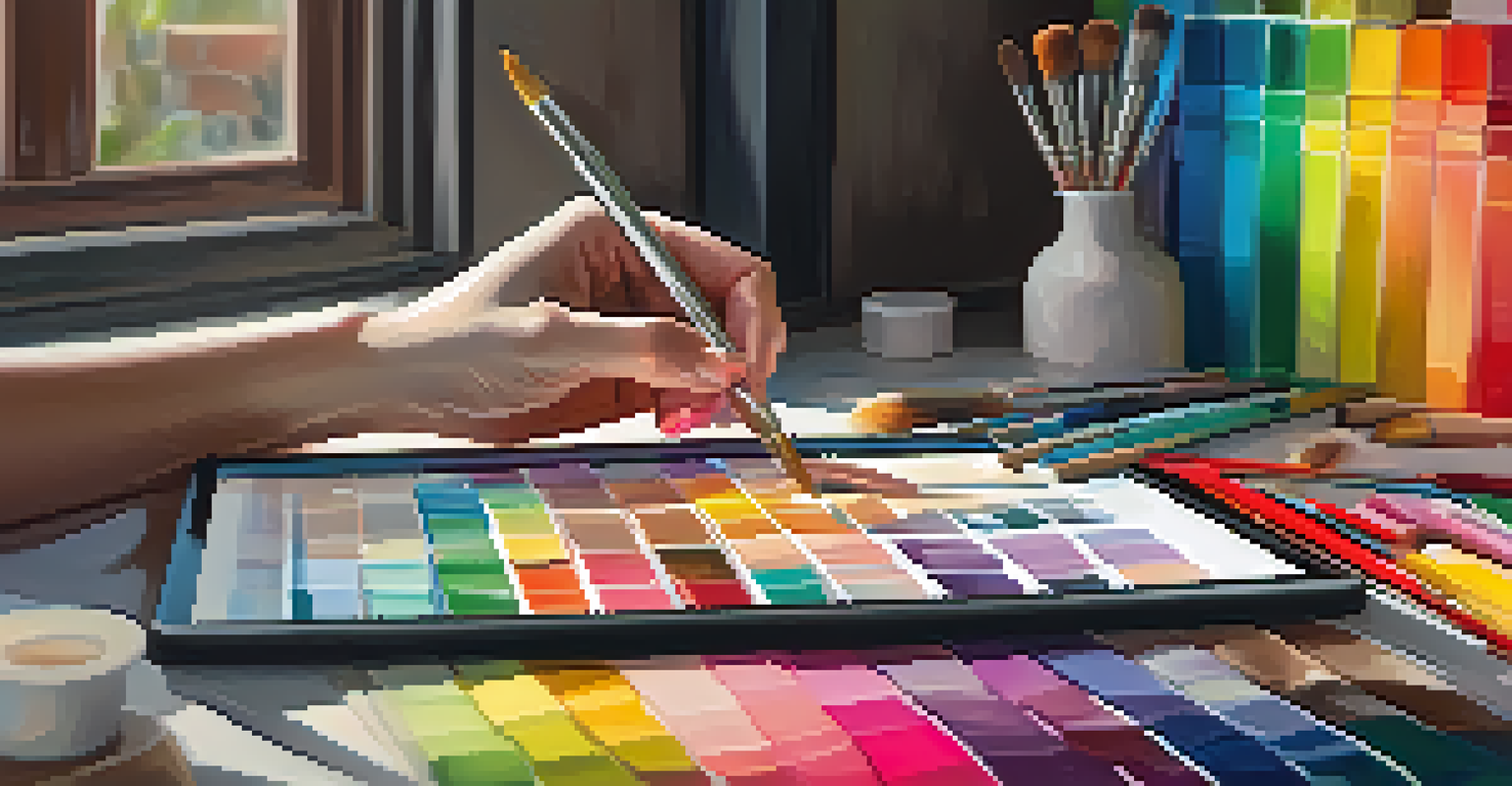 An artist using a digital tablet with a colorful flower painting displayed on the screen, surrounded by paint swatches.