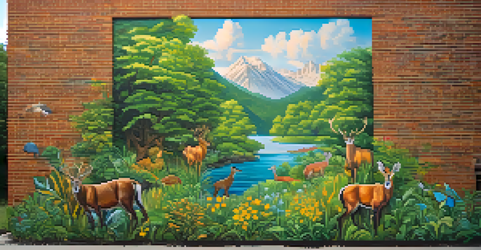 A colorful mural of a green landscape with local wildlife, showcasing biodiversity and conservation themes.