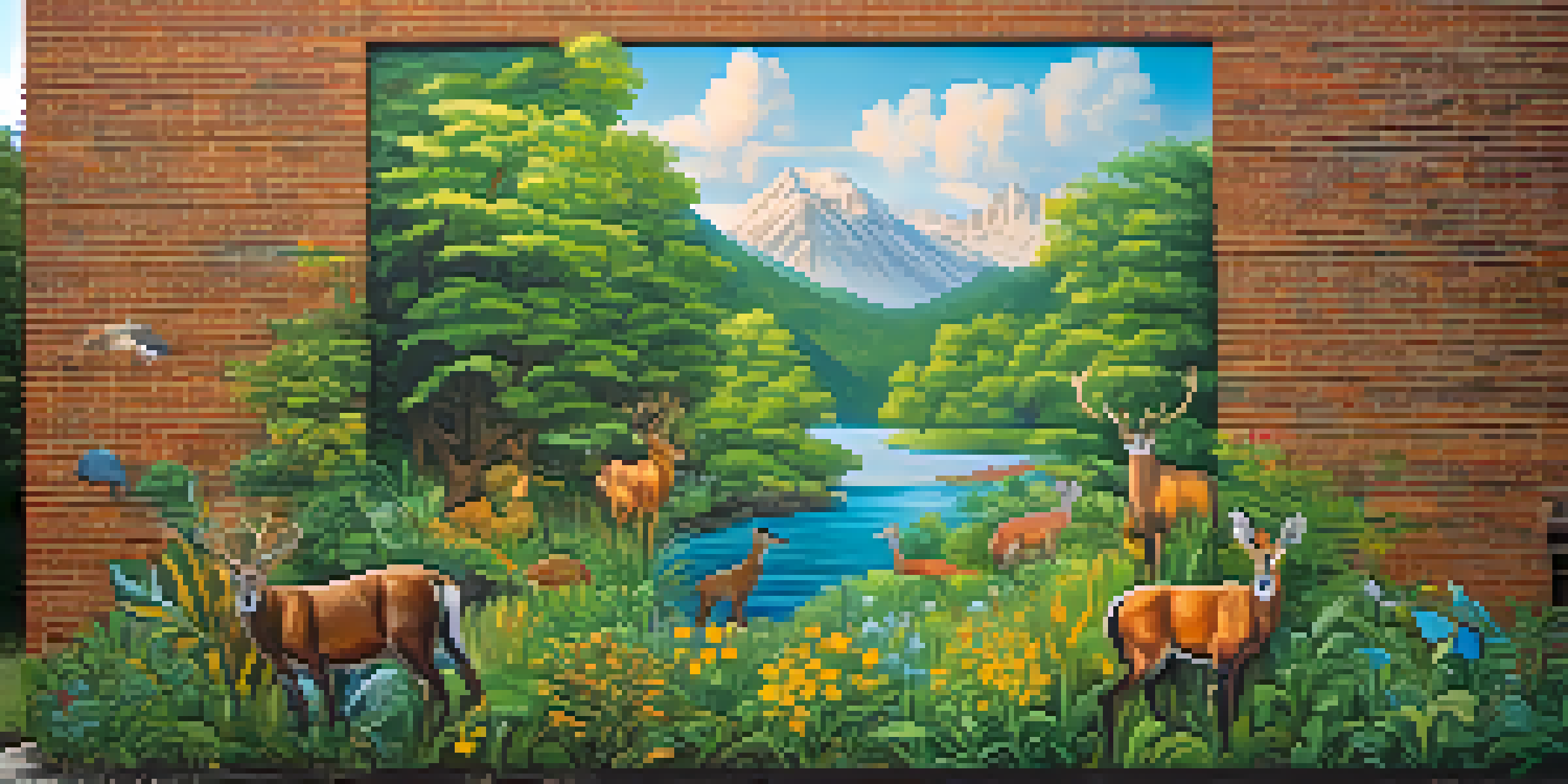 A colorful mural of a green landscape with local wildlife, showcasing biodiversity and conservation themes.