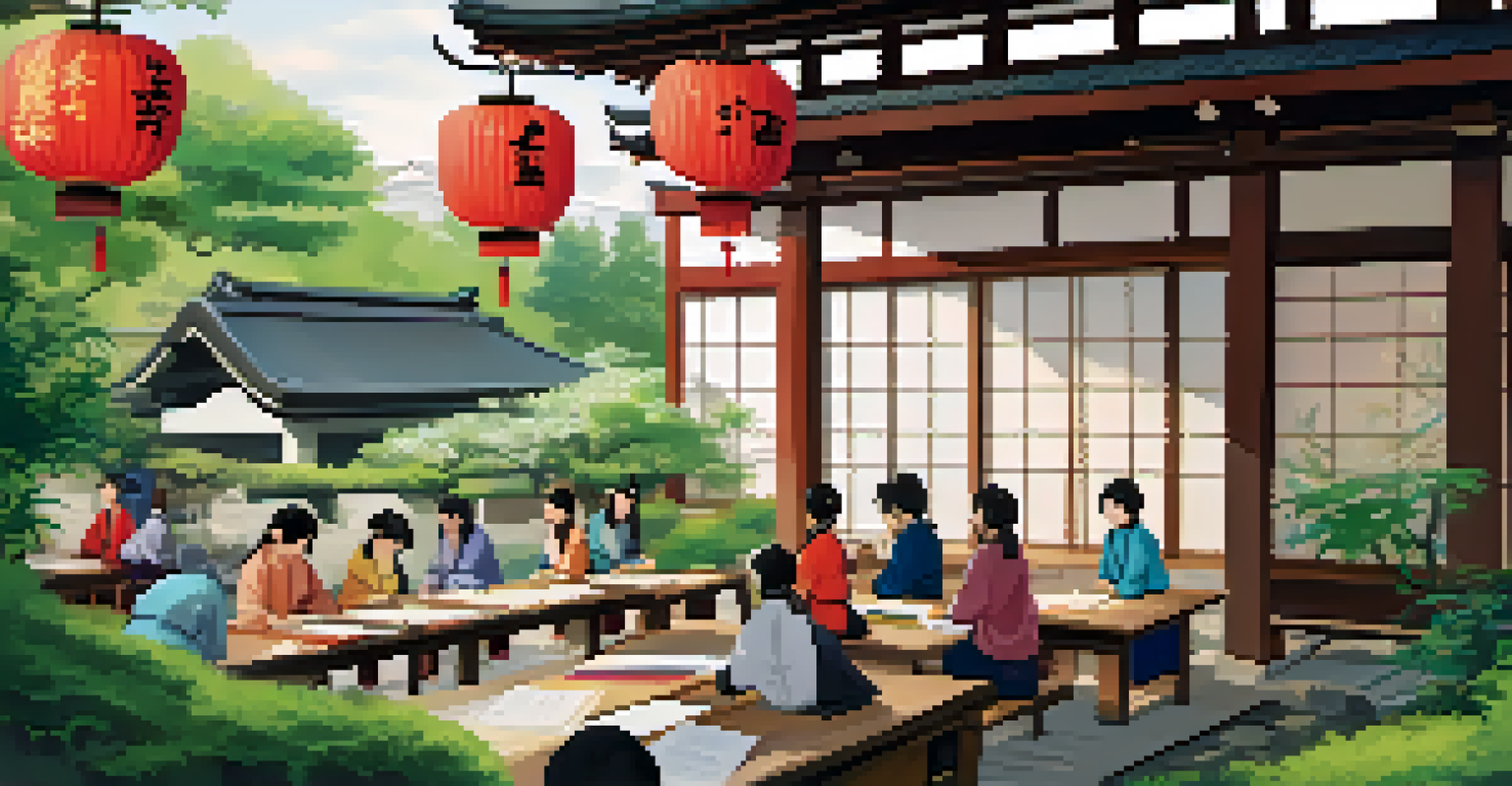 An outdoor calligraphy workshop in Japan, with participants of various ages learning shodo surrounded by greenery.