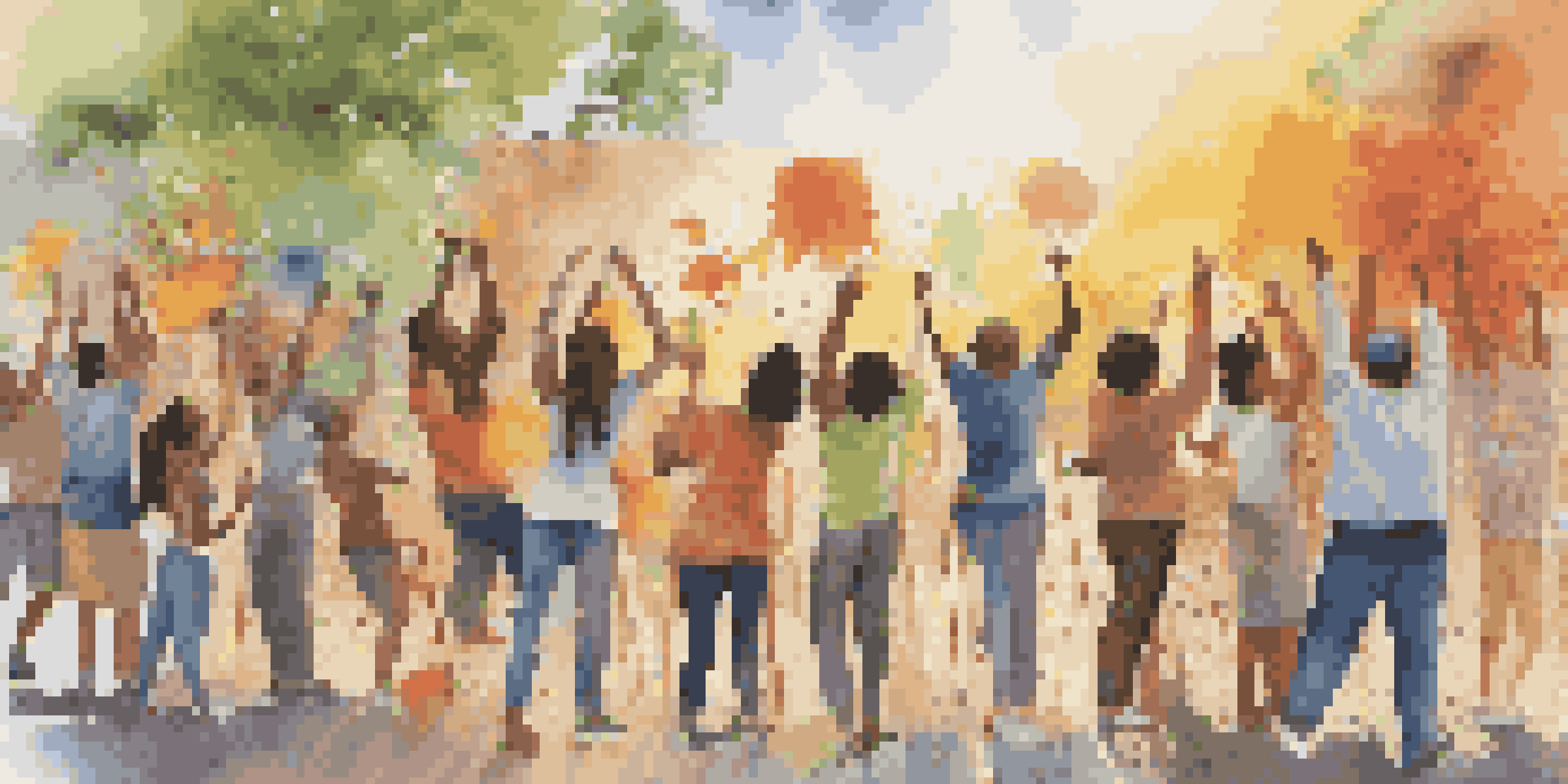 A diverse group of people painting a colorful mural together in an outdoor setting, symbolizing community engagement and collaboration.