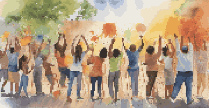 A diverse group of people painting a colorful mural together in an outdoor setting, symbolizing community engagement and collaboration.