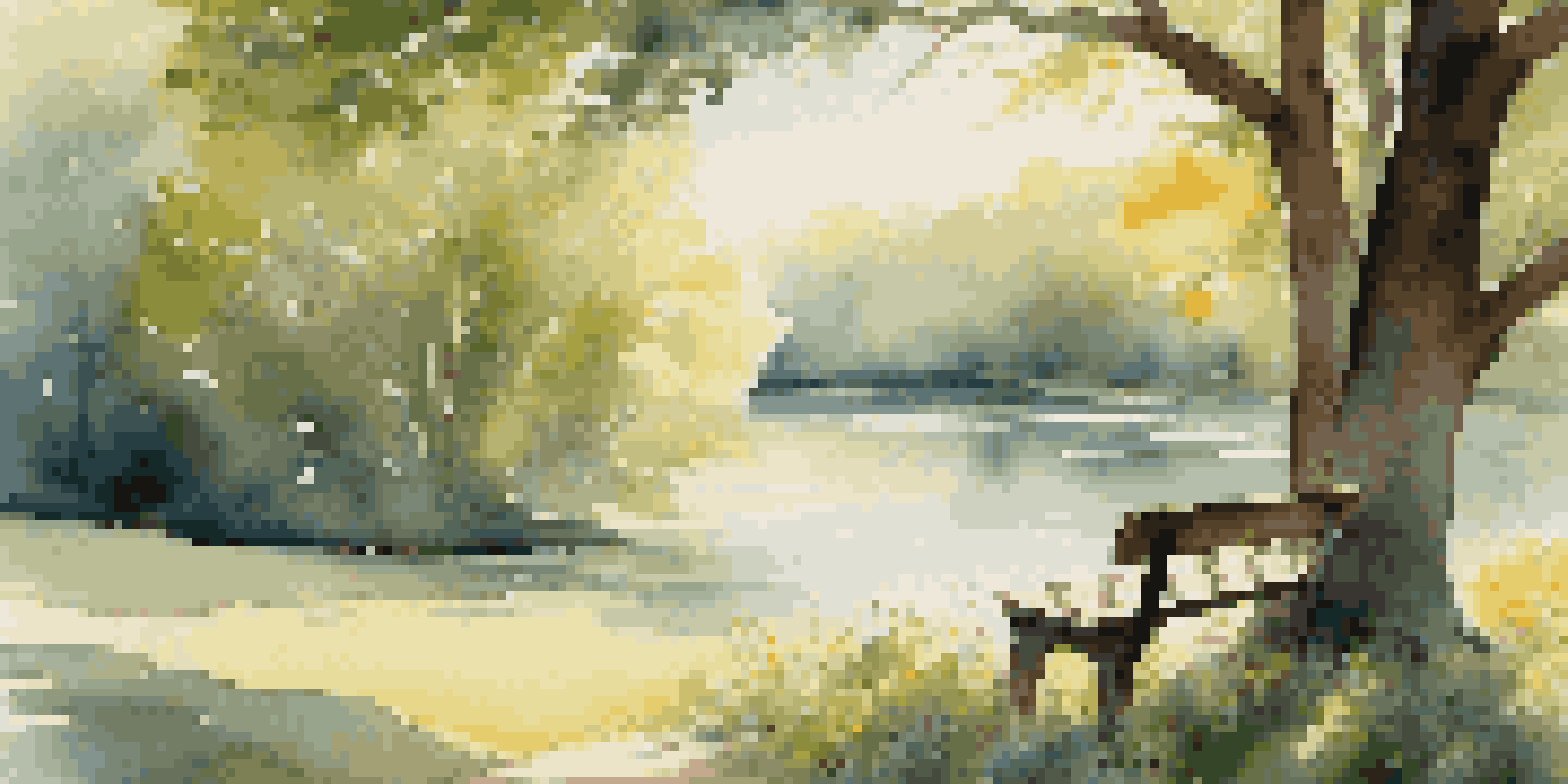 A peaceful landscape with a lake, trees, wildflowers, and an open book on a bench, illuminated by soft sunlight.