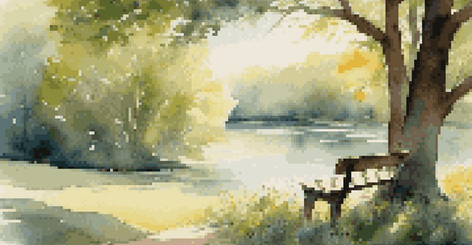 A peaceful landscape with a lake, trees, wildflowers, and an open book on a bench, illuminated by soft sunlight.