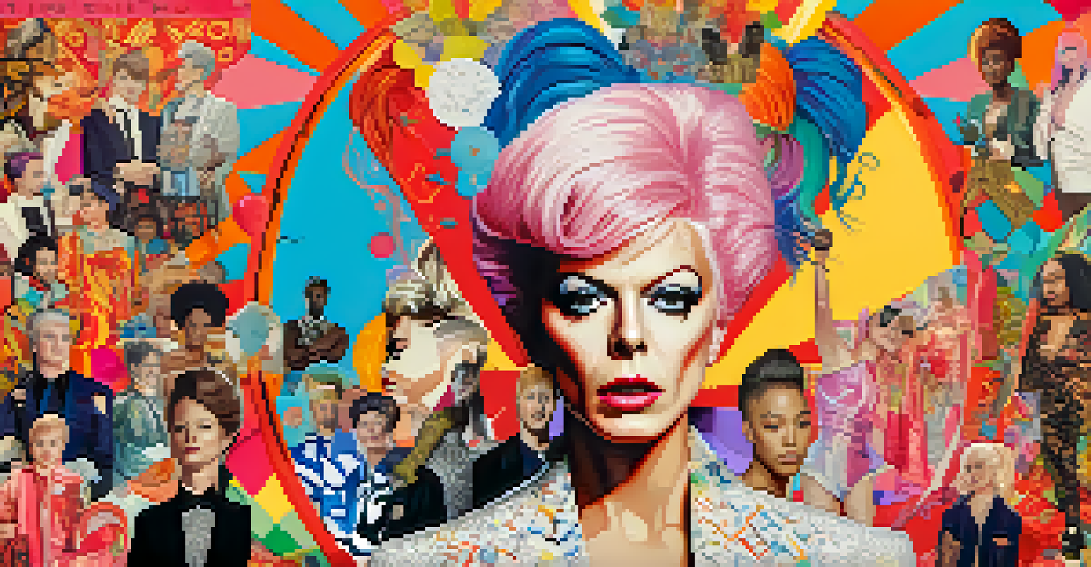 A digital collage of pop culture icons like David Bowie and Lady Gaga, celebrating diverse gender expressions with vibrant colors.