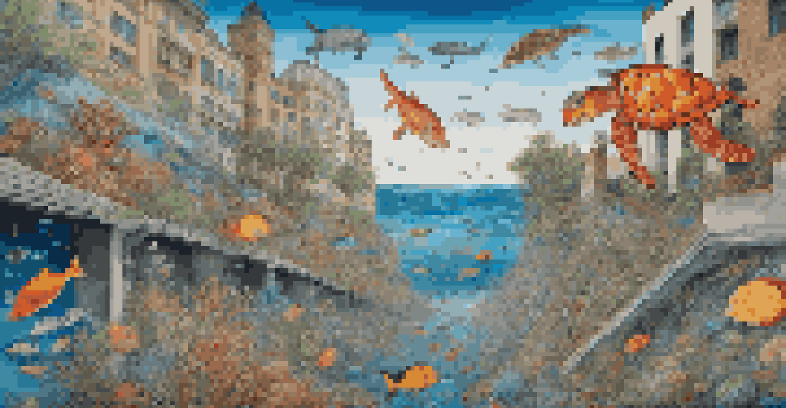 A colorful mural illustrating the effects of plastic pollution on marine life, surrounded by pedestrians and greenery.