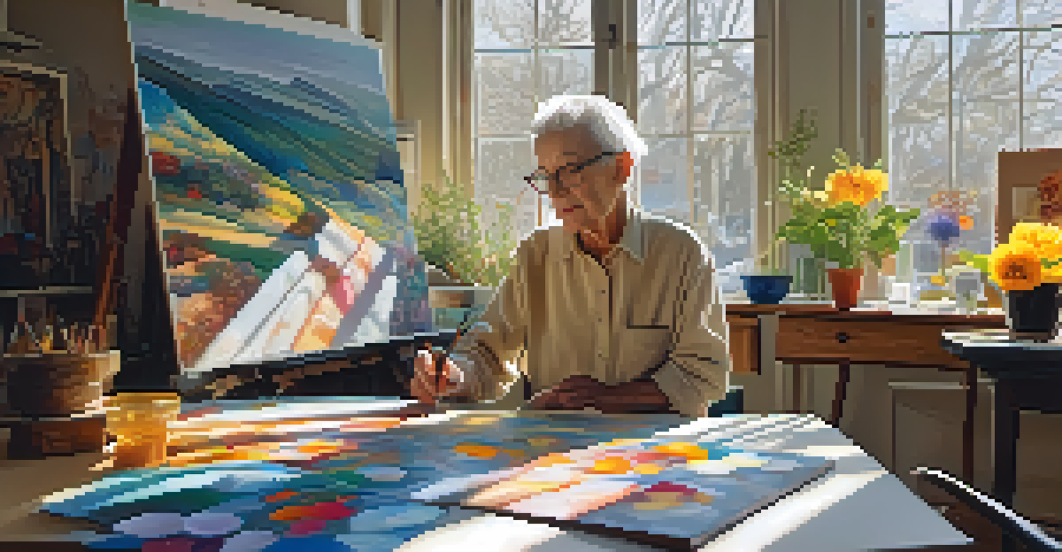An elderly artist working in a bright studio filled with colorful paintings, capturing the essence of nature and aging.