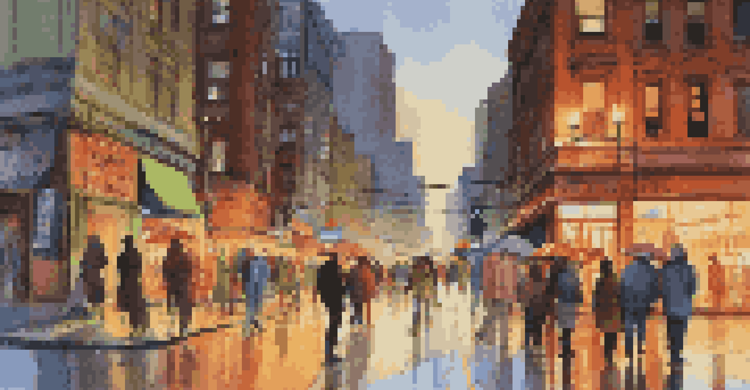A lively urban street scene with colorful storefronts, people, and glowing street lamps in the evening.