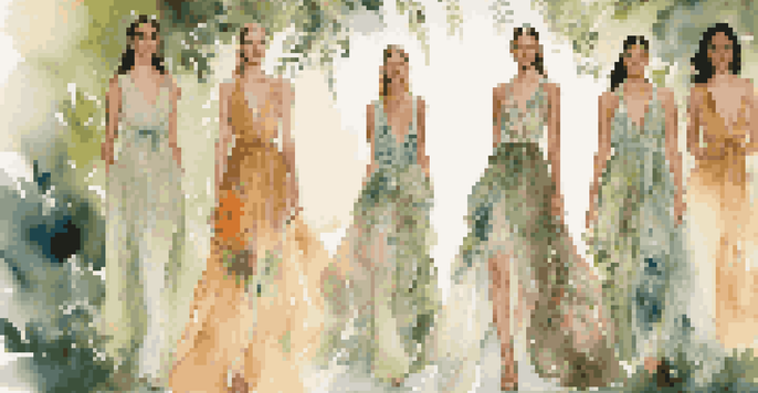 A fashion runway with models in nature-inspired dresses, surrounded by greenery and flowers under warm sunlight.