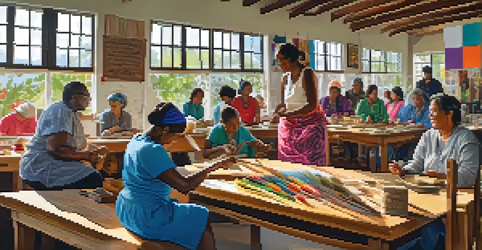 A vibrant community workshop with artisans teaching traditional crafts, surrounded by colorful materials and artworks, illuminated by natural light.