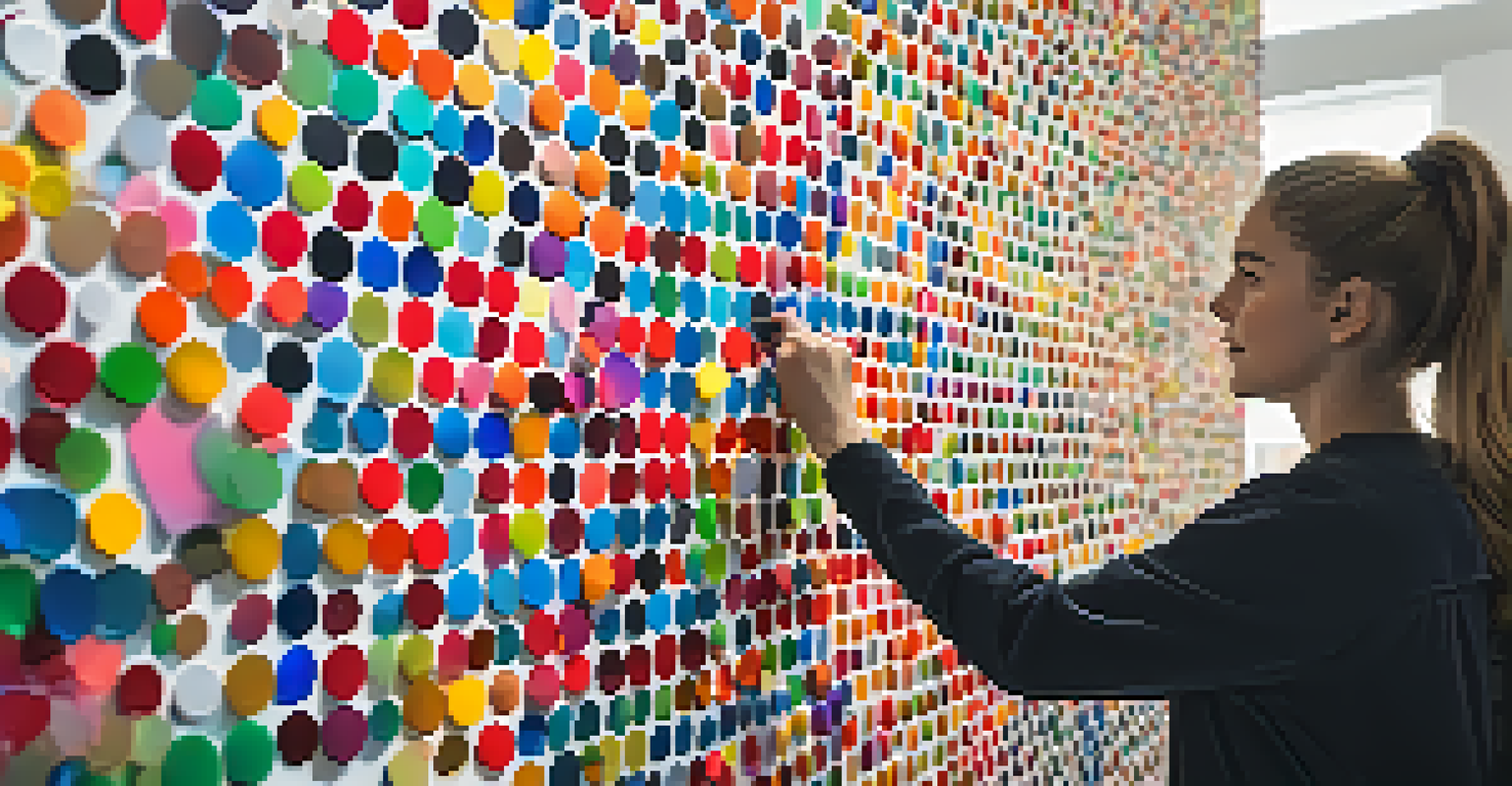 A close-up view of a person's hand placing colorful stickers on a white wall, creating a colorful mosaic in an interactive art installation.
