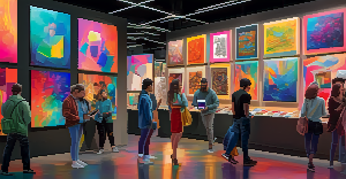 A lively digital art marketplace with people browsing colorful art pieces on their devices, surrounded by a modern, tech-inspired atmosphere.