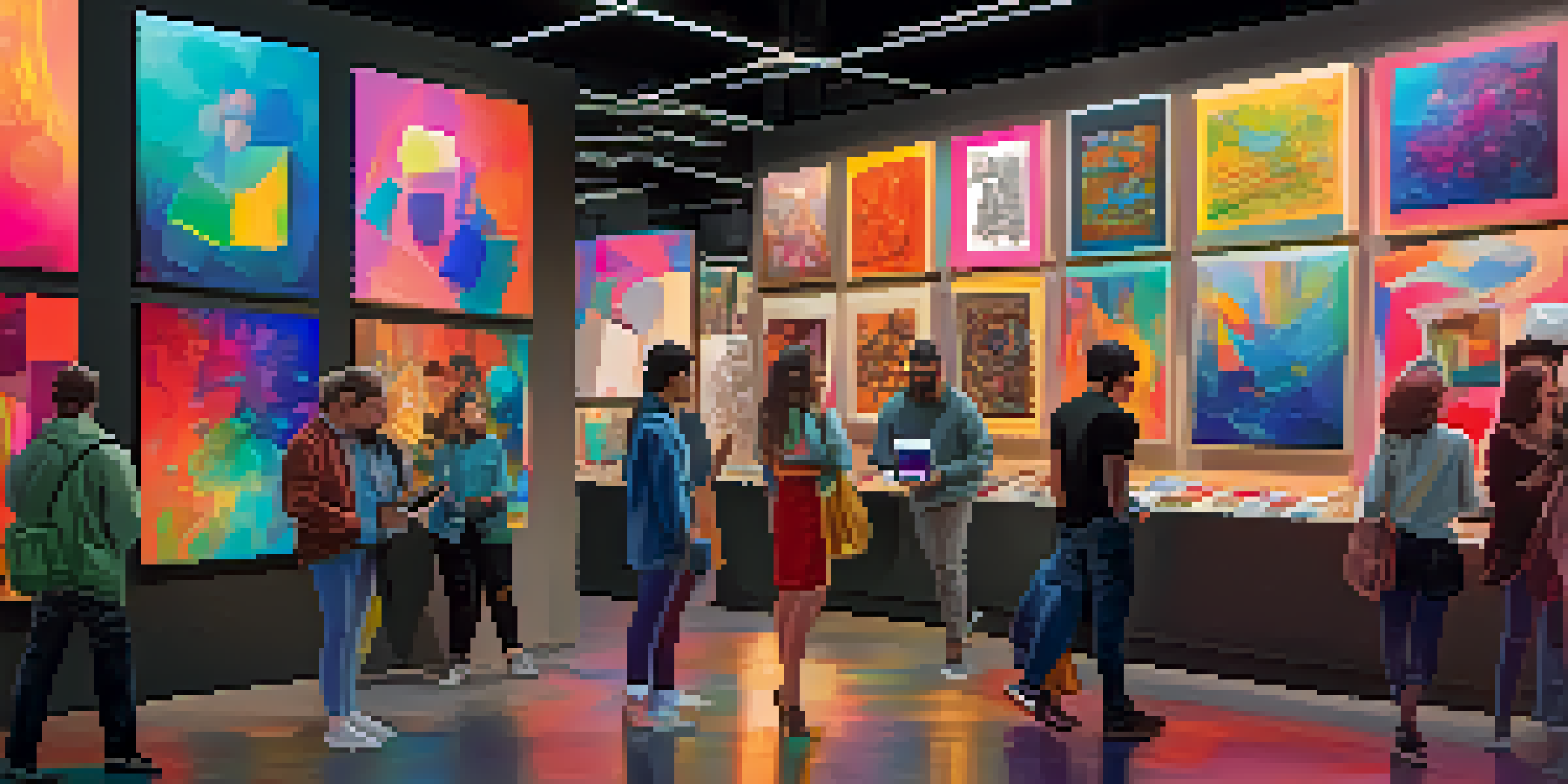 A lively digital art marketplace with people browsing colorful art pieces on their devices, surrounded by a modern, tech-inspired atmosphere.