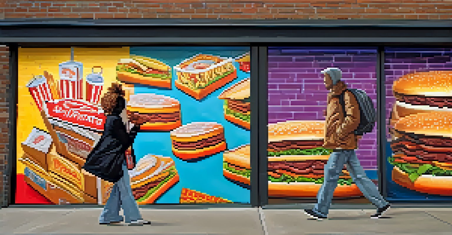 A humorous street mural of a consumer with oversized shopping bags filled with fast food, set against a brick wall.