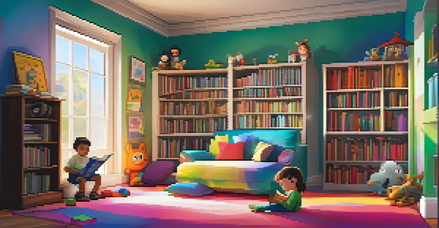 A cozy room where a child reads a book, surrounded by animated characters coming to life, with soft lighting and colorful cushions.