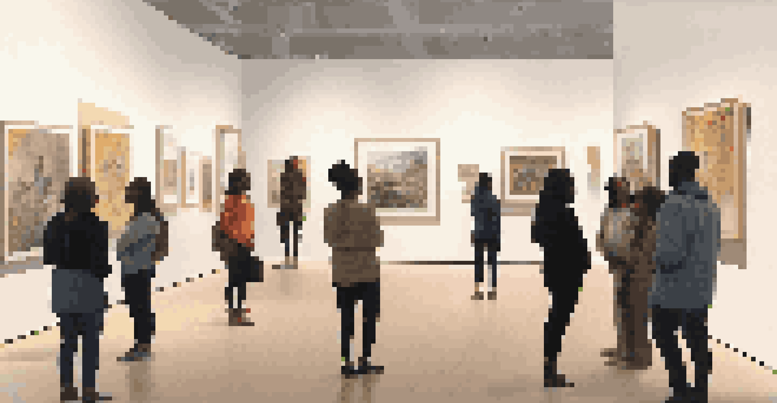 A contemporary art gallery displaying interactive installations focused on racial justice, with visitors engaging with the artworks.