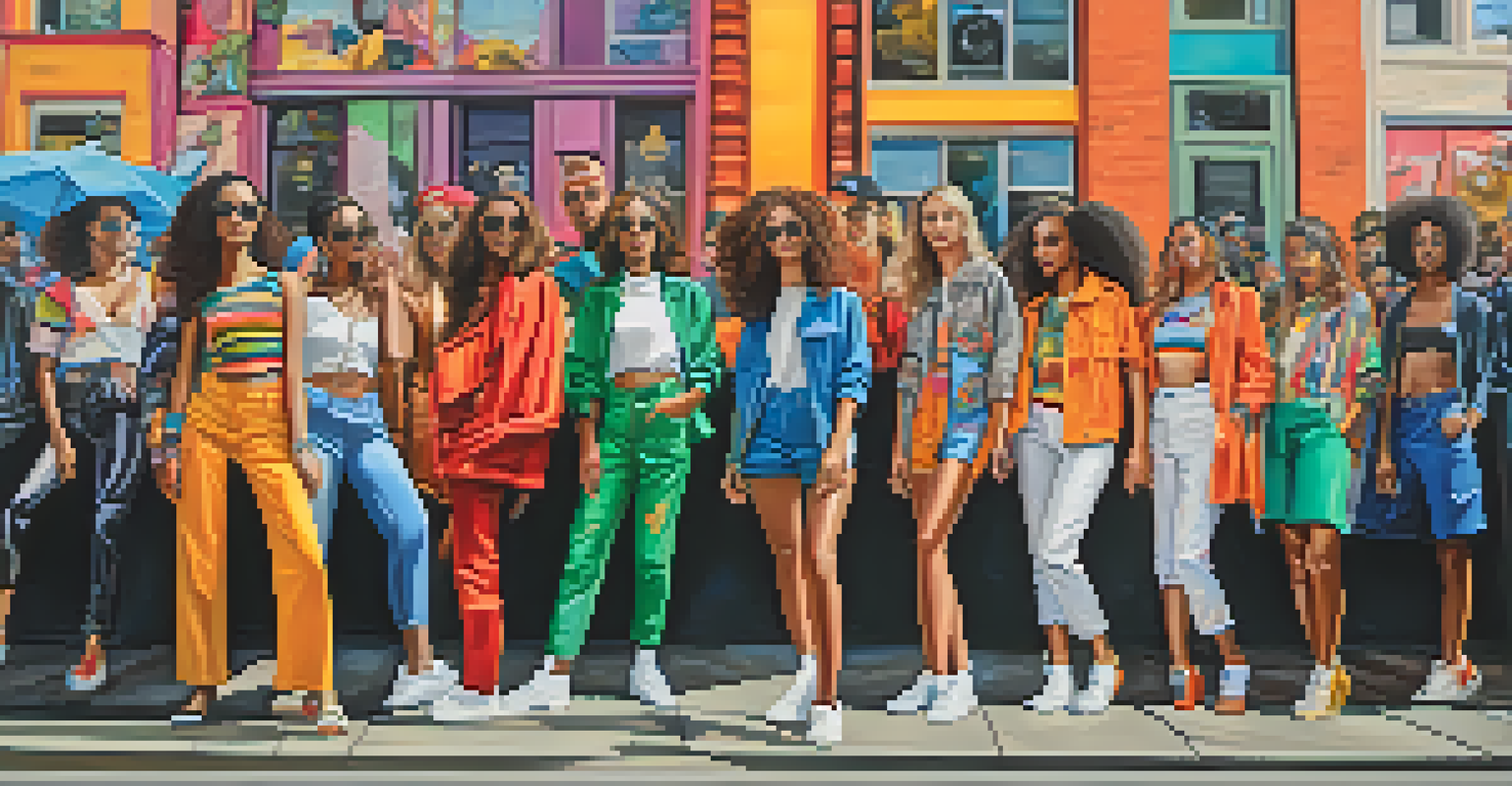 Models in a vibrant street scene wearing artist-designed clothing, surrounded by colorful street art, showcasing collaboration and creativity.