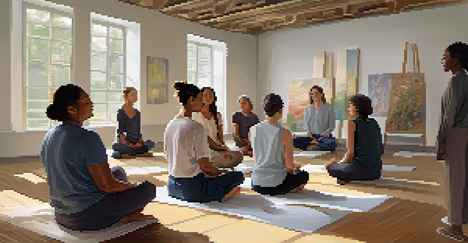 Participants in an art workshop practicing mindfulness with a facilitator, seated in a circle with closed eyes and a peaceful atmosphere.