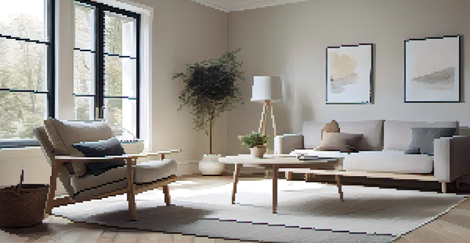A minimalist Scandinavian living room with light colors, natural light, and cozy furniture.