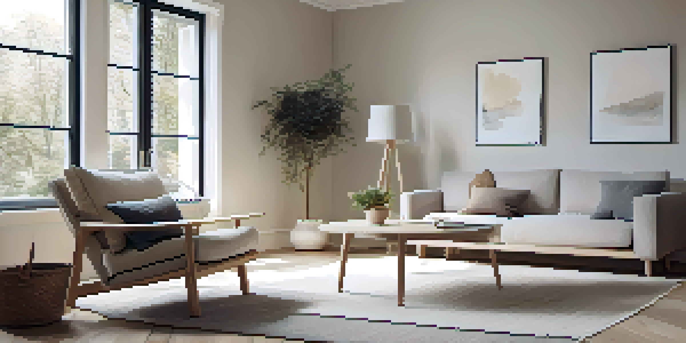 A minimalist Scandinavian living room with light colors, natural light, and cozy furniture.
