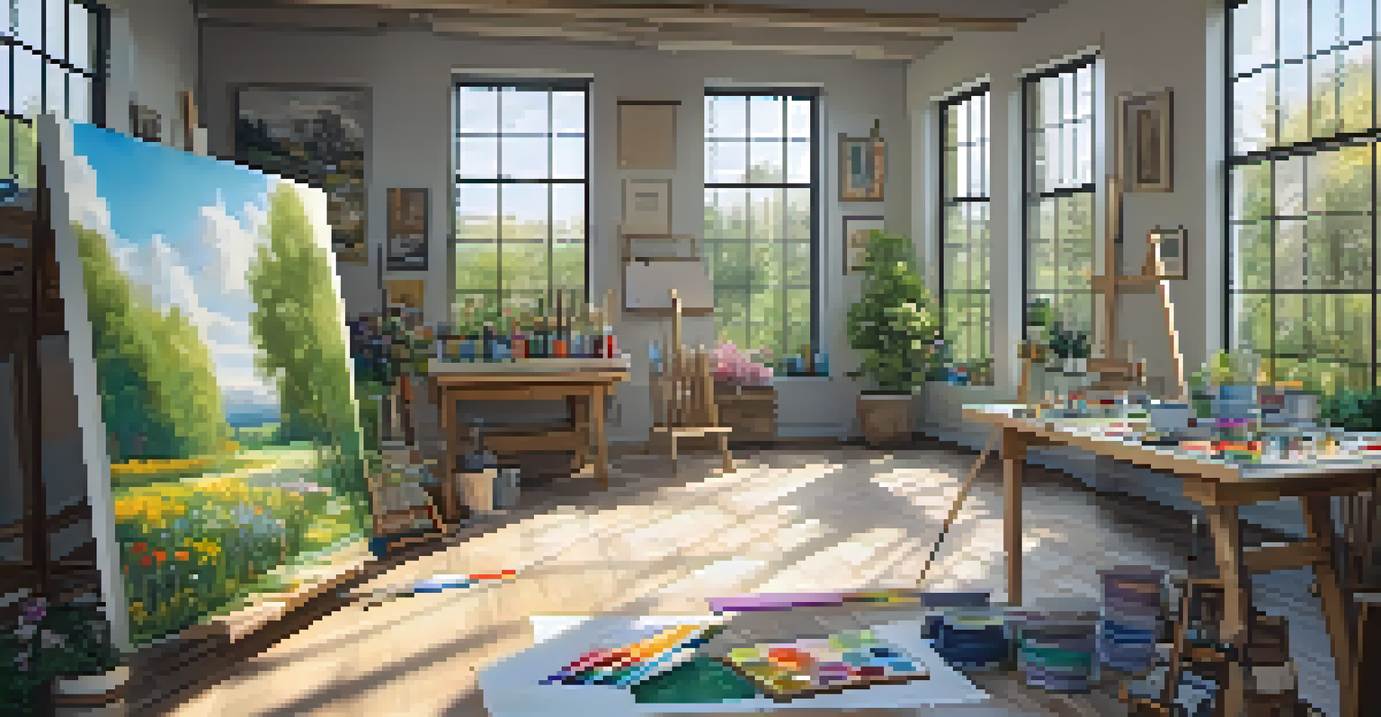 A bright art studio with a large canvas and colorful paint supplies, overlooking a garden.