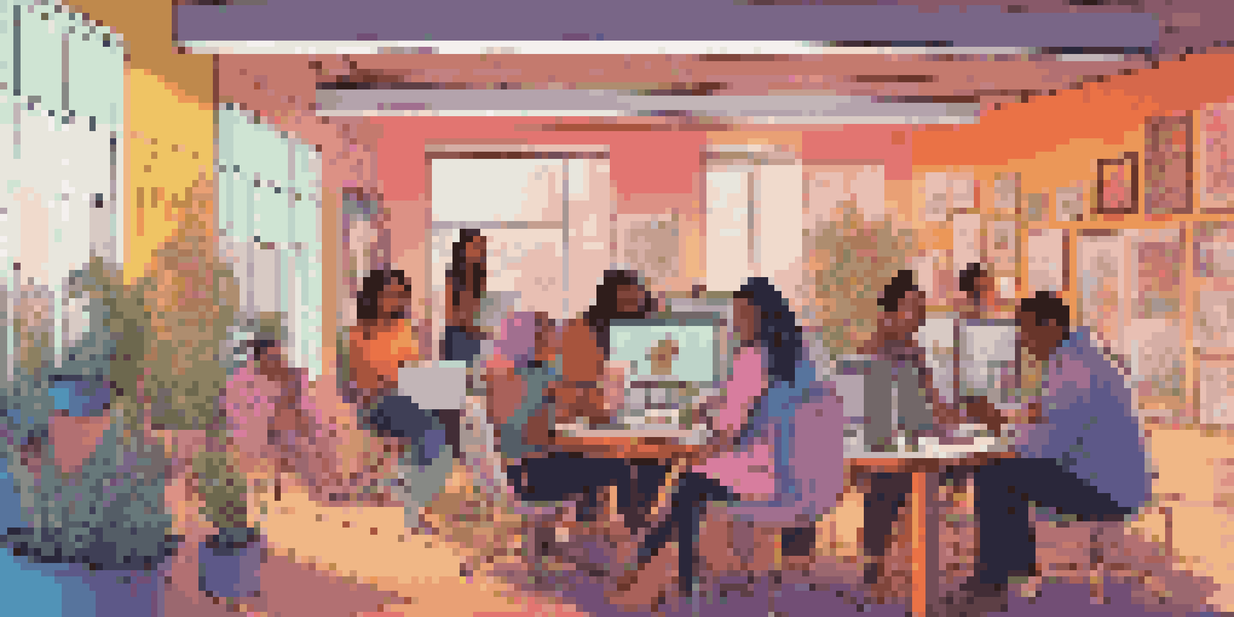 A group of diverse artists of different genders and ethnicities collaborating in a bright, colorful online space filled with their art.