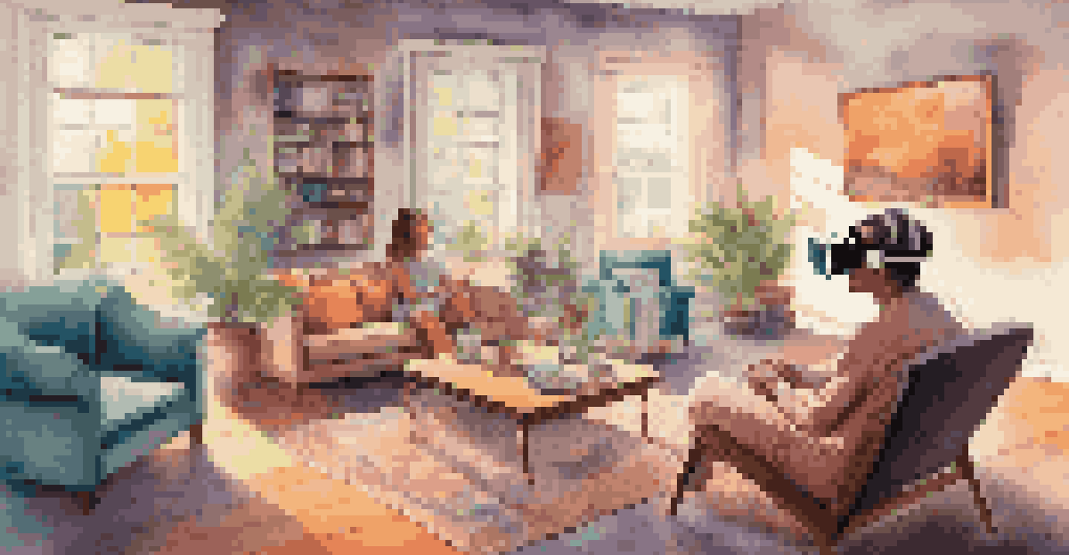 A patient using virtual reality for art therapy in a cozy home, surrounded by soft lighting and comfortable furnishings.