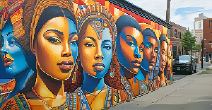 A colorful street mural showing diverse faces and community symbols set in an urban environment with sunlight filtering through buildings.