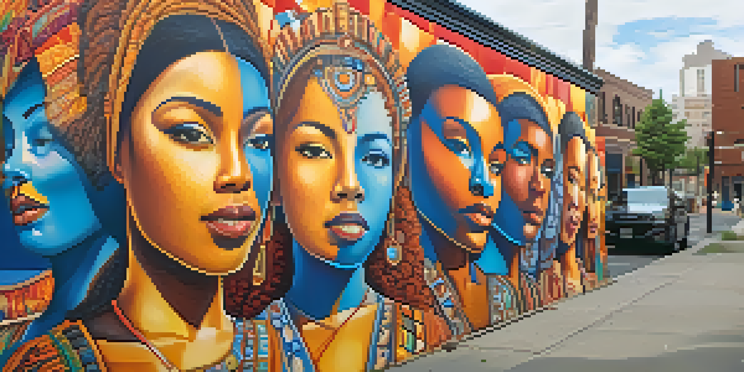 A colorful street mural showing diverse faces and community symbols set in an urban environment with sunlight filtering through buildings.