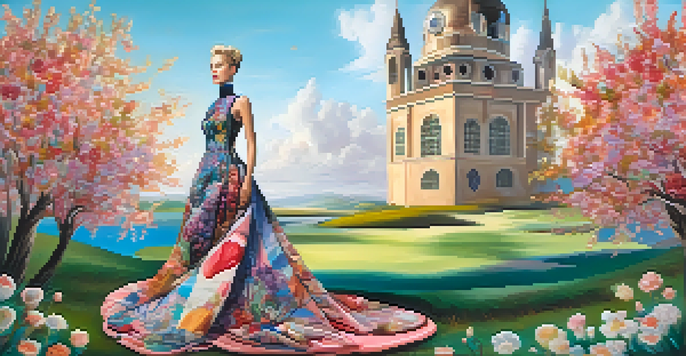 A colorful surrealist dress in a dreamlike setting, with unusual shapes and textures, surrounded by distorted clock towers and floating flowers.