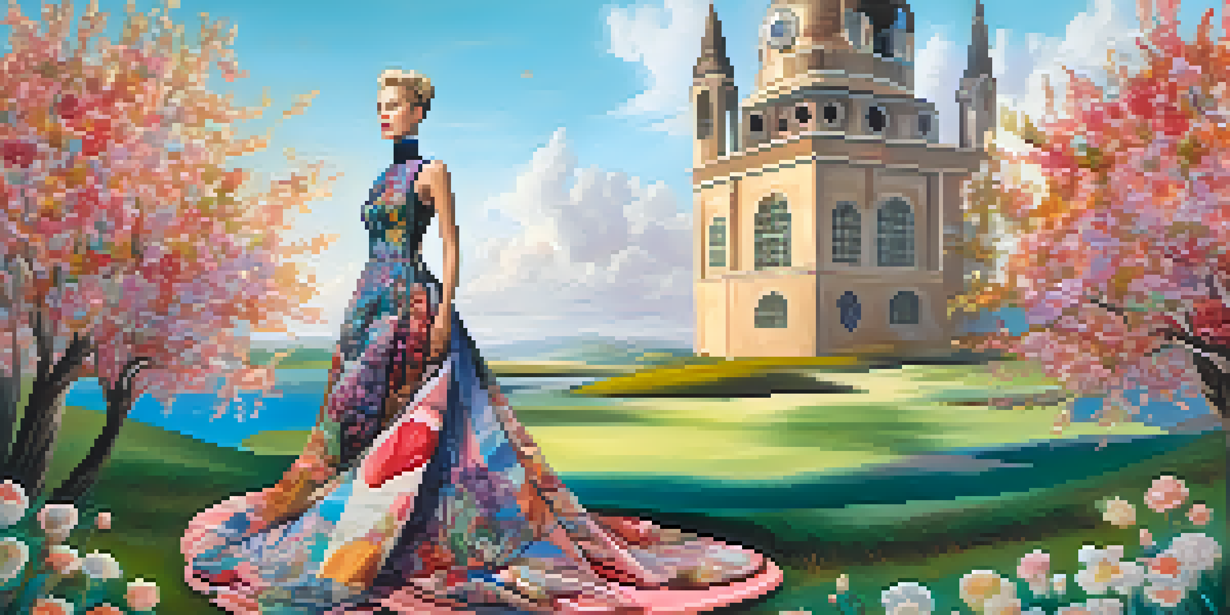 A colorful surrealist dress in a dreamlike setting, with unusual shapes and textures, surrounded by distorted clock towers and floating flowers.