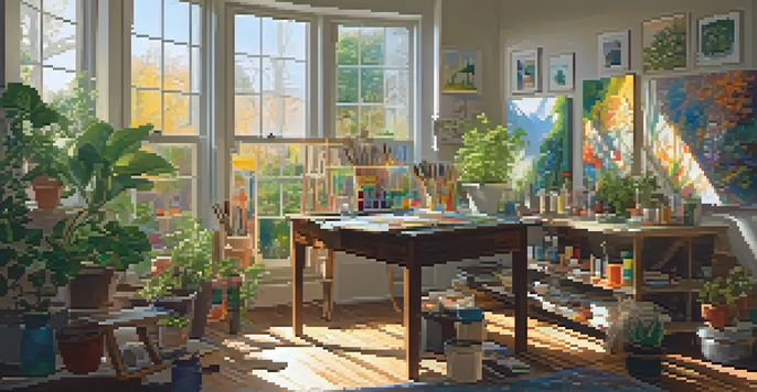 An artist painting a landscape in a bright and inviting studio filled with art supplies and plants.