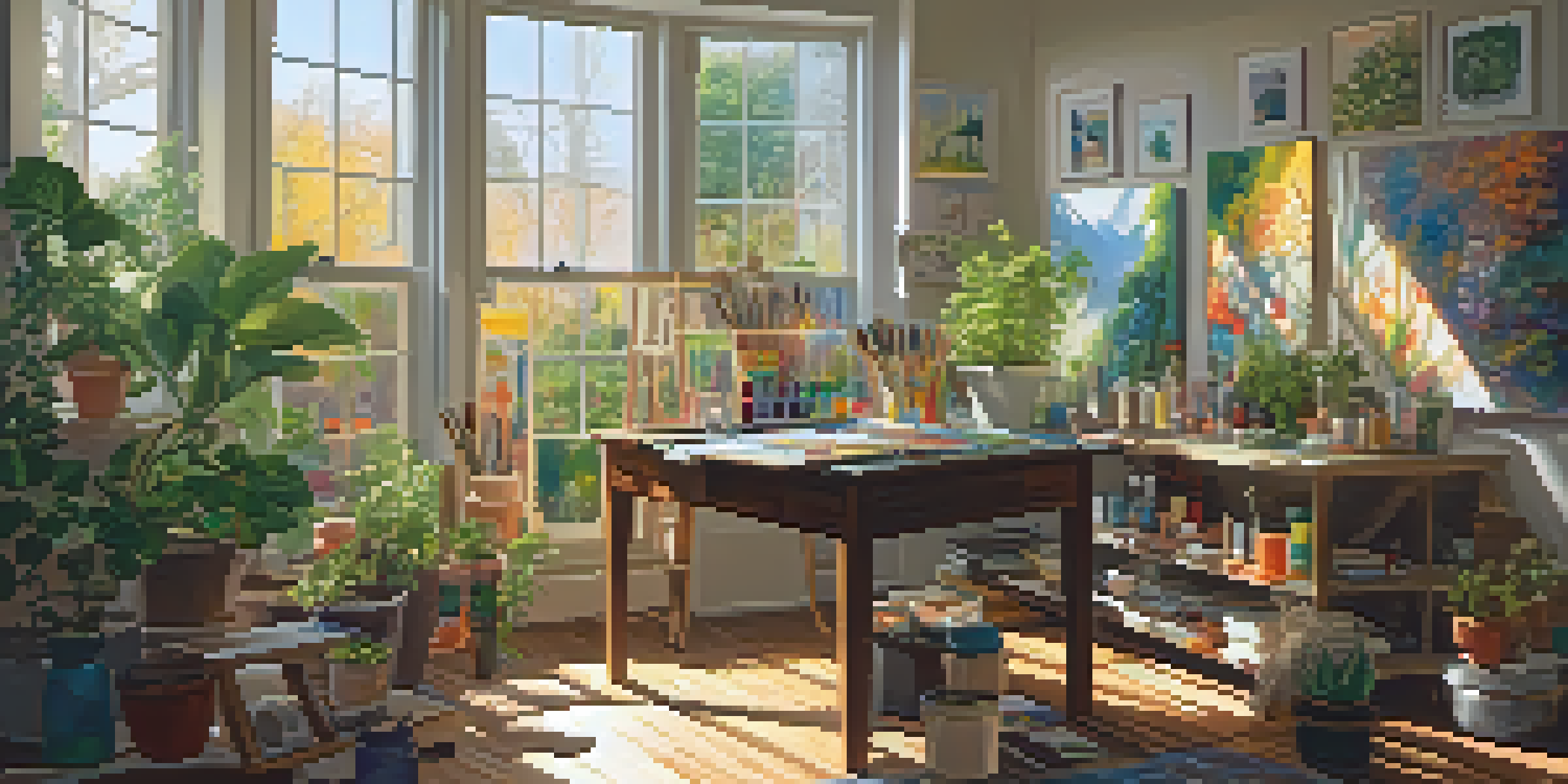 An artist painting a landscape in a bright and inviting studio filled with art supplies and plants.