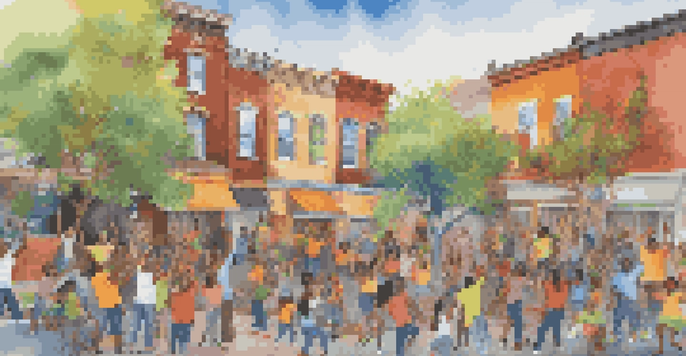 A diverse group of people painting a colorful mural together on a wall, showcasing collaboration and creativity.