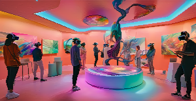 A diverse group of artists in a bright virtual reality art studio, creating colorful sculptures while wearing VR headsets.