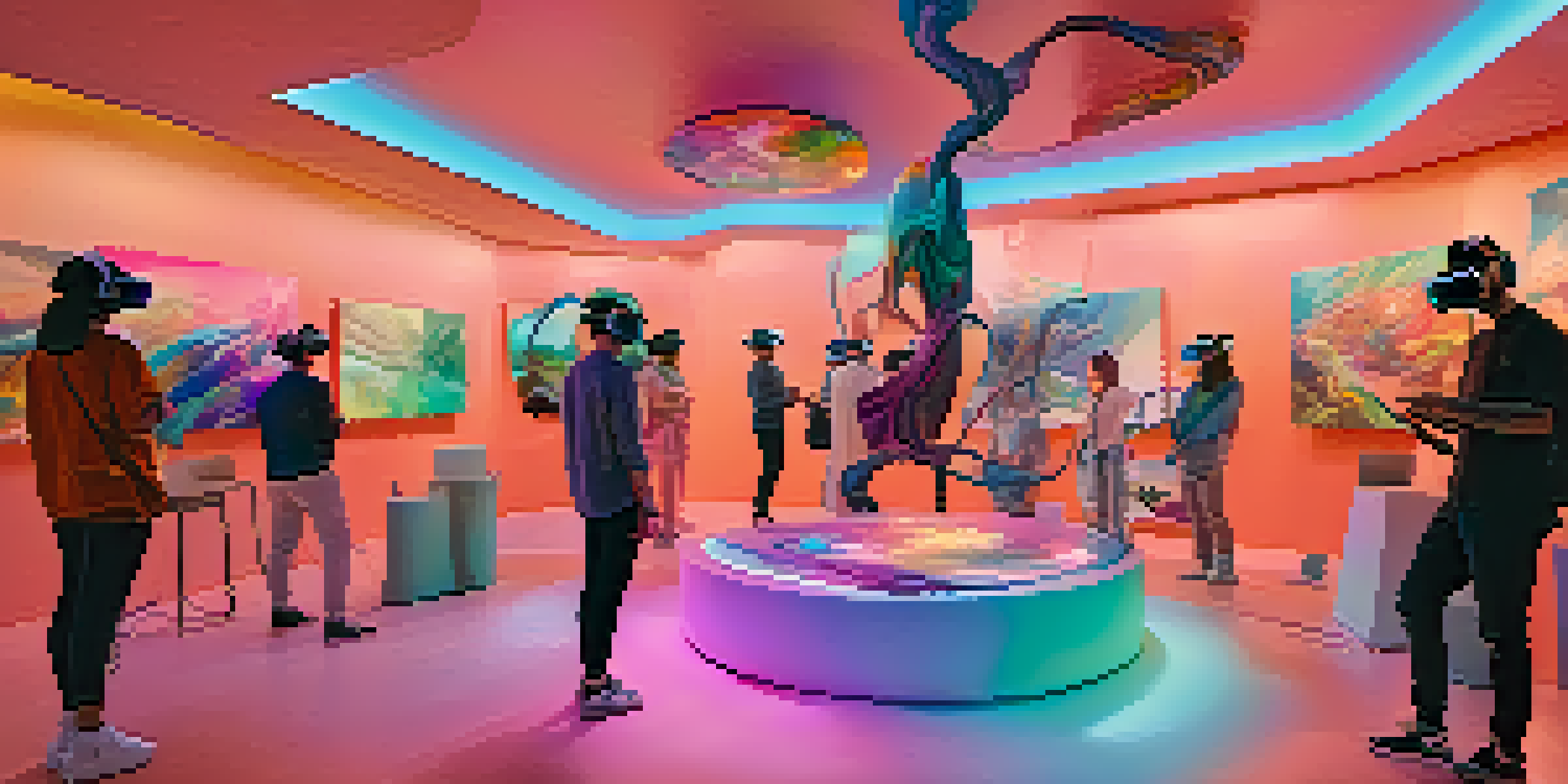 A diverse group of artists in a bright virtual reality art studio, creating colorful sculptures while wearing VR headsets.