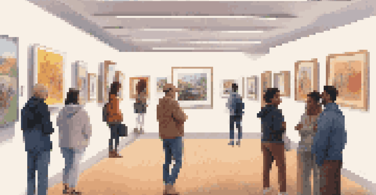 A diverse group of visitors enjoying a modern art gallery that features both traditional and digital artworks.