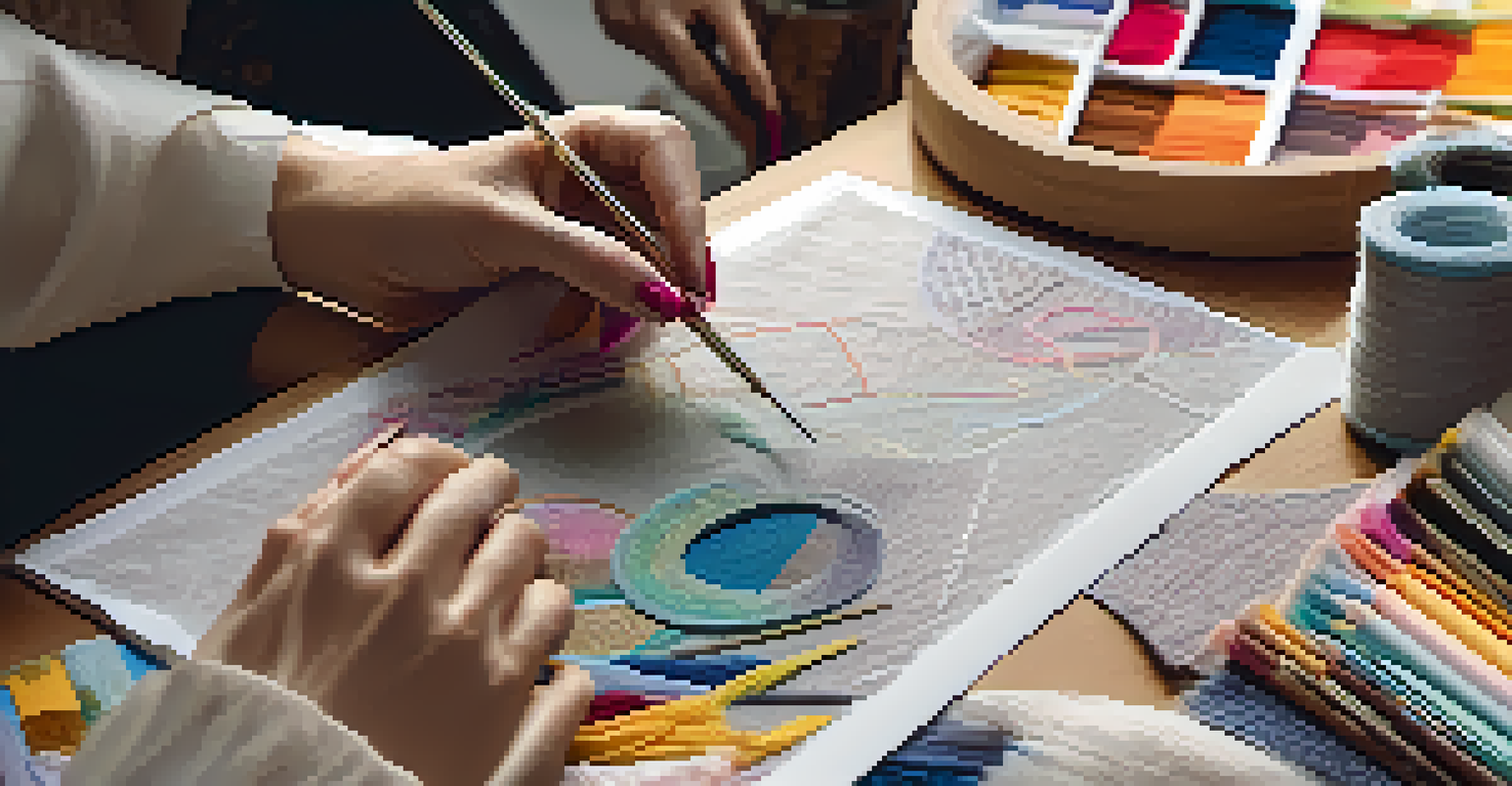A close-up of a fashion designer's hands working with fabric swatches and colorful threads in a well-lit workspace.